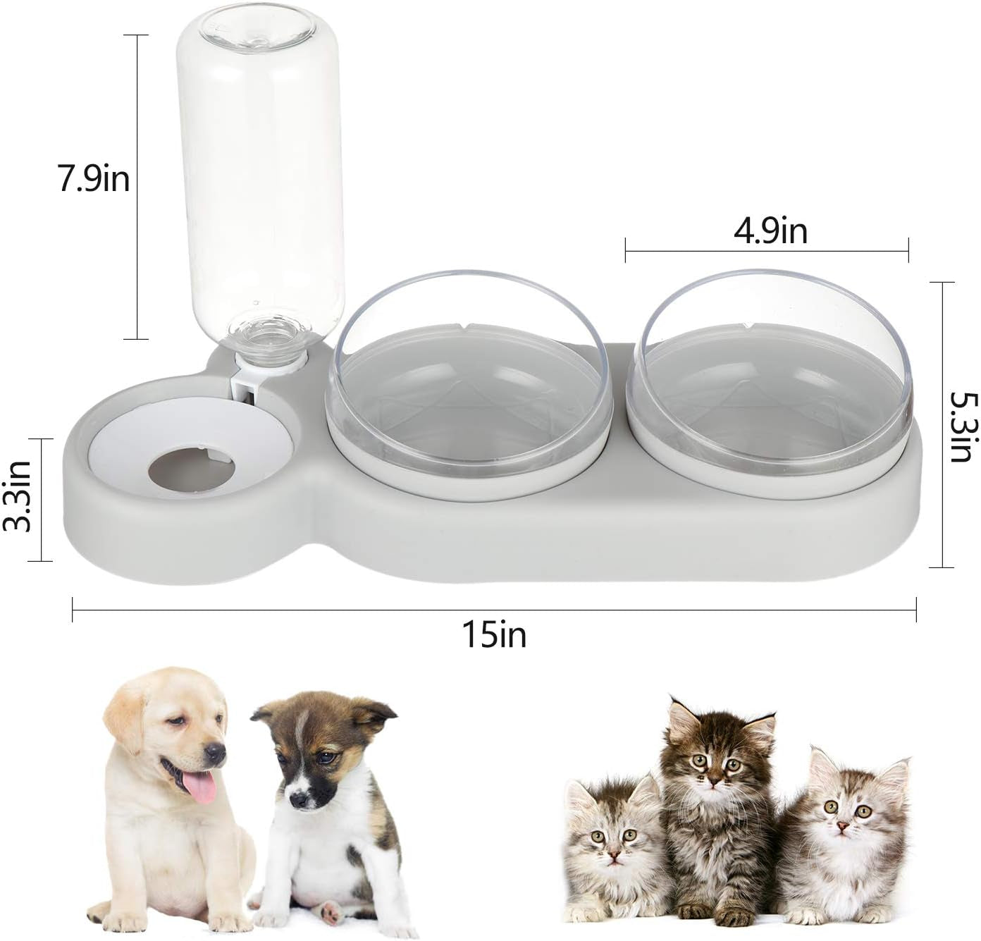 Triple Dog Cat Bowls Automatic Pet Feeder 15°Tilt and 360°Rotatable Double Food Bowl with Automatic Water Bottle Bowl Detachable Small and Medium Dogs and Cats Use (Grey)