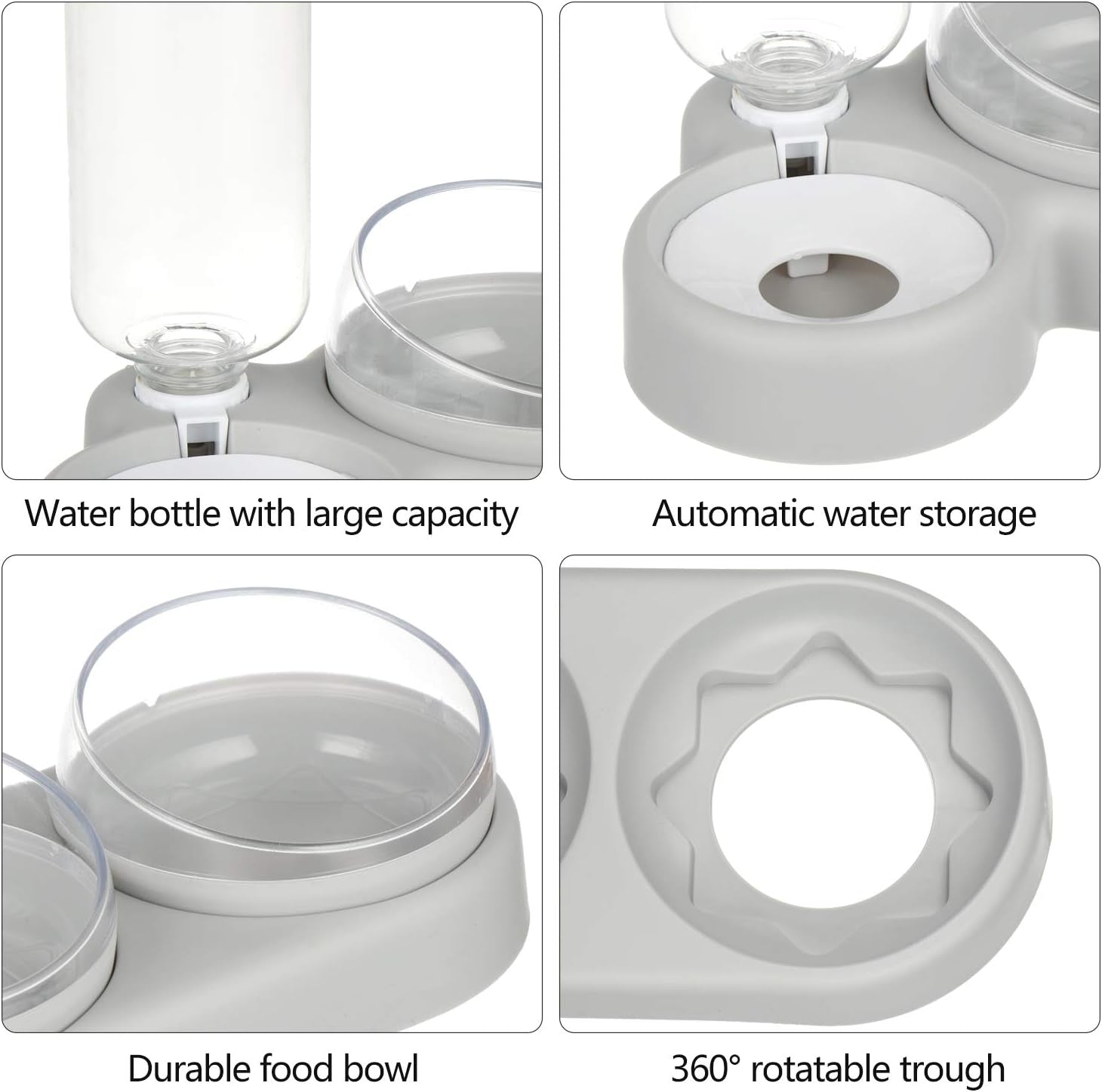 Triple Dog Cat Bowls Automatic Pet Feeder 15°Tilt and 360°Rotatable Double Food Bowl with Automatic Water Bottle Bowl Detachable Small and Medium Dogs and Cats Use (Grey)