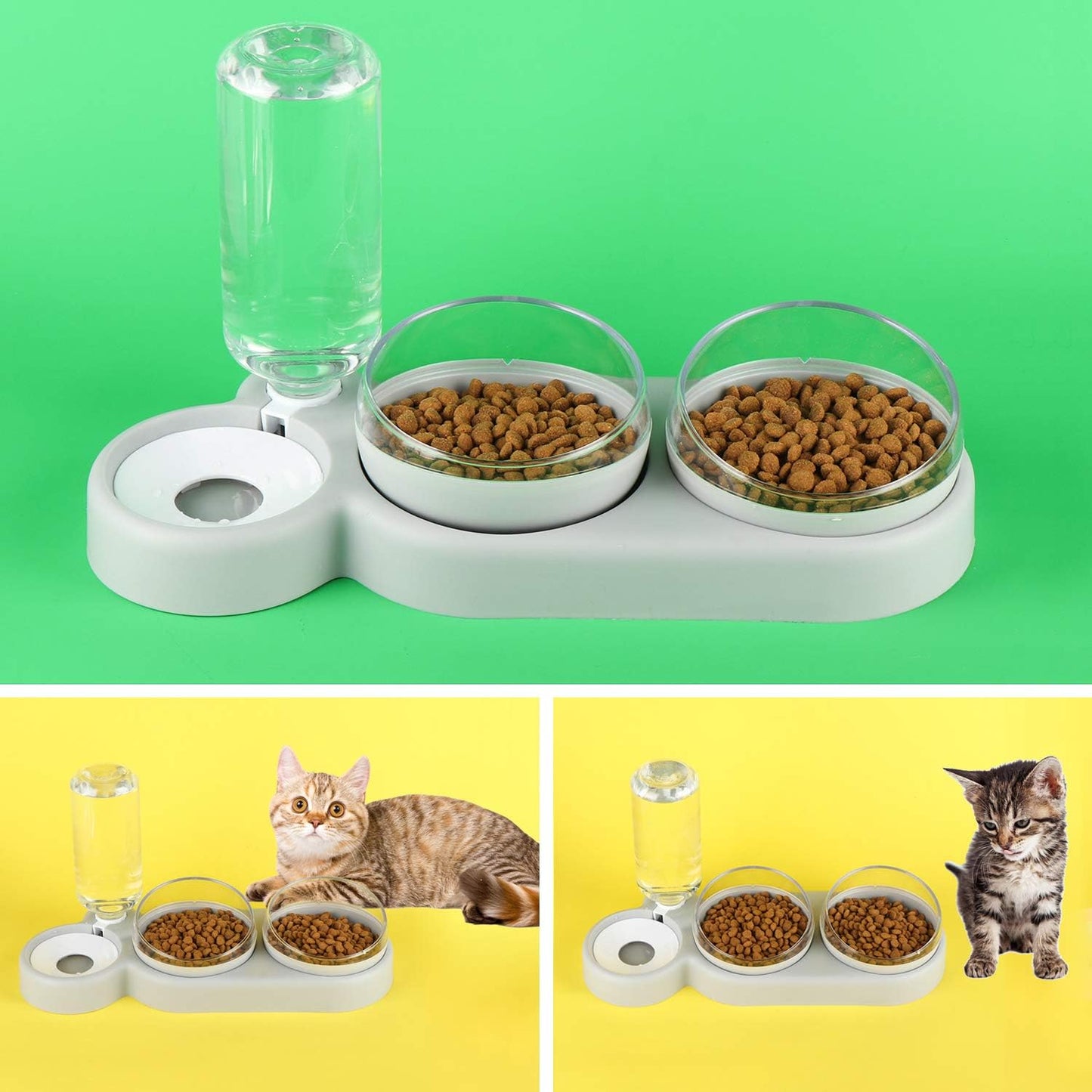 Triple Dog Cat Bowls Automatic Pet Feeder 15°Tilt and 360°Rotatable Double Food Bowl with Automatic Water Bottle Bowl Detachable Small and Medium Dogs and Cats Use (Grey)